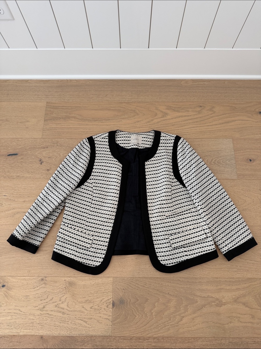 LOFT Black and White Tweed Open-Front Blazer Jacket
